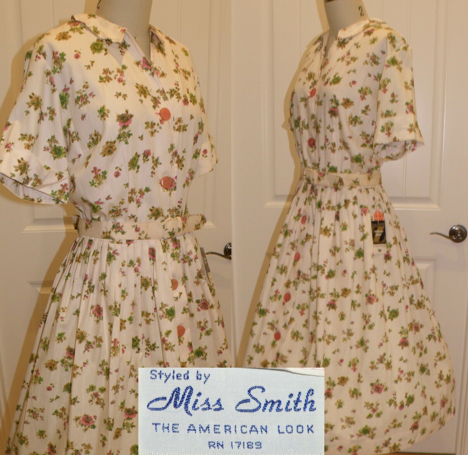 Vintage 1950's "miss Smith" Cotton Shirt Dress, Xl, Bust 42", Full Skirt, Nos