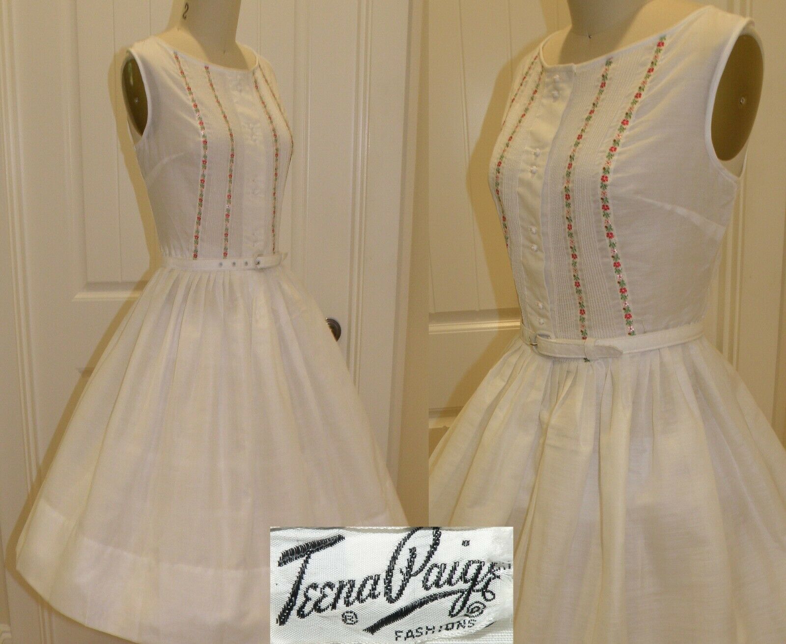 Vintage 1950's Teena Paige Cotton Blend Day Dress, Large, Bust 38", Full Skirt