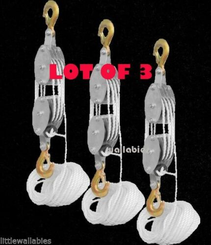 Lot 3 4000lb 2 Ton 65ft Poly Rope Hoist Pulley Block And Tackle Rope 7:1 Lifting