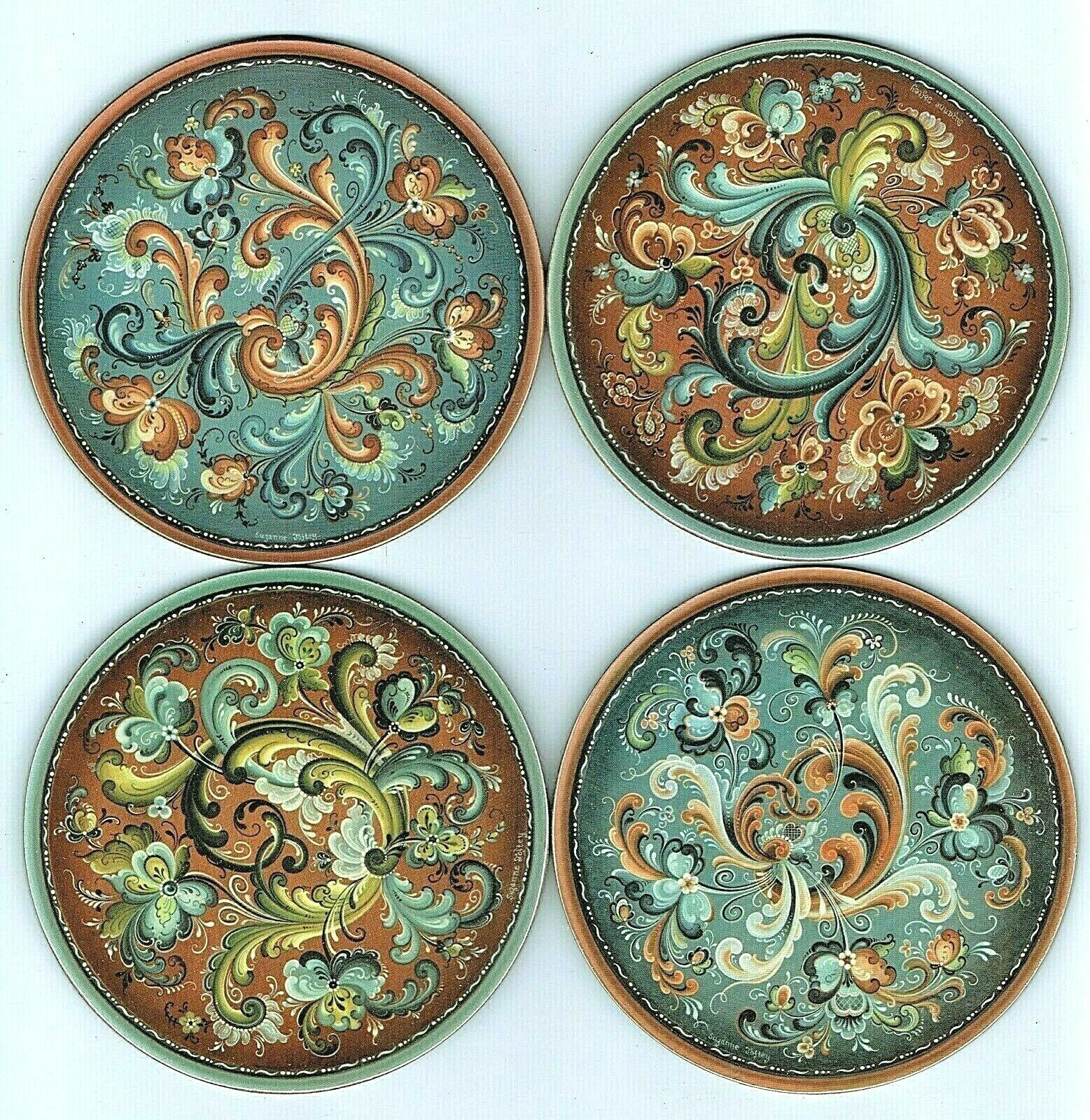 Set Of 4 Coasters:  Norwegian Rosemaling 4" Diameter Cork Backing, Scandinavian